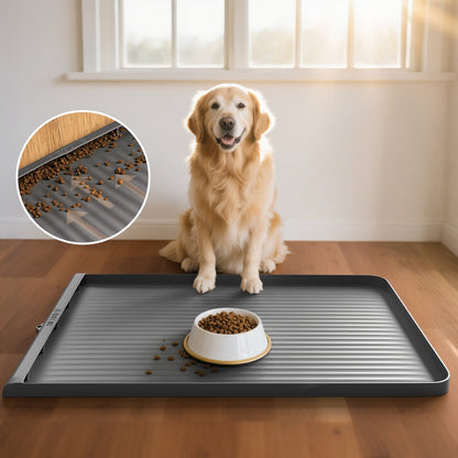 Waterproof Pet Feeding Mat 36"x24" Large Non-Slip Dog & Cat Food Mat – Raised Edges, Diversion Grooves, Easy to Clean, Dog Bowl Mat for Food & Water, Grey