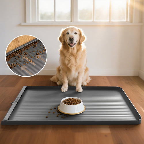 Waterproof Pet Feeding Mat 36"x24" Large Non-Slip Dog & Cat Food Mat – Raised Edges, Diversion Grooves, Easy to Clean, Dog Bowl Mat for Food & Water, Grey