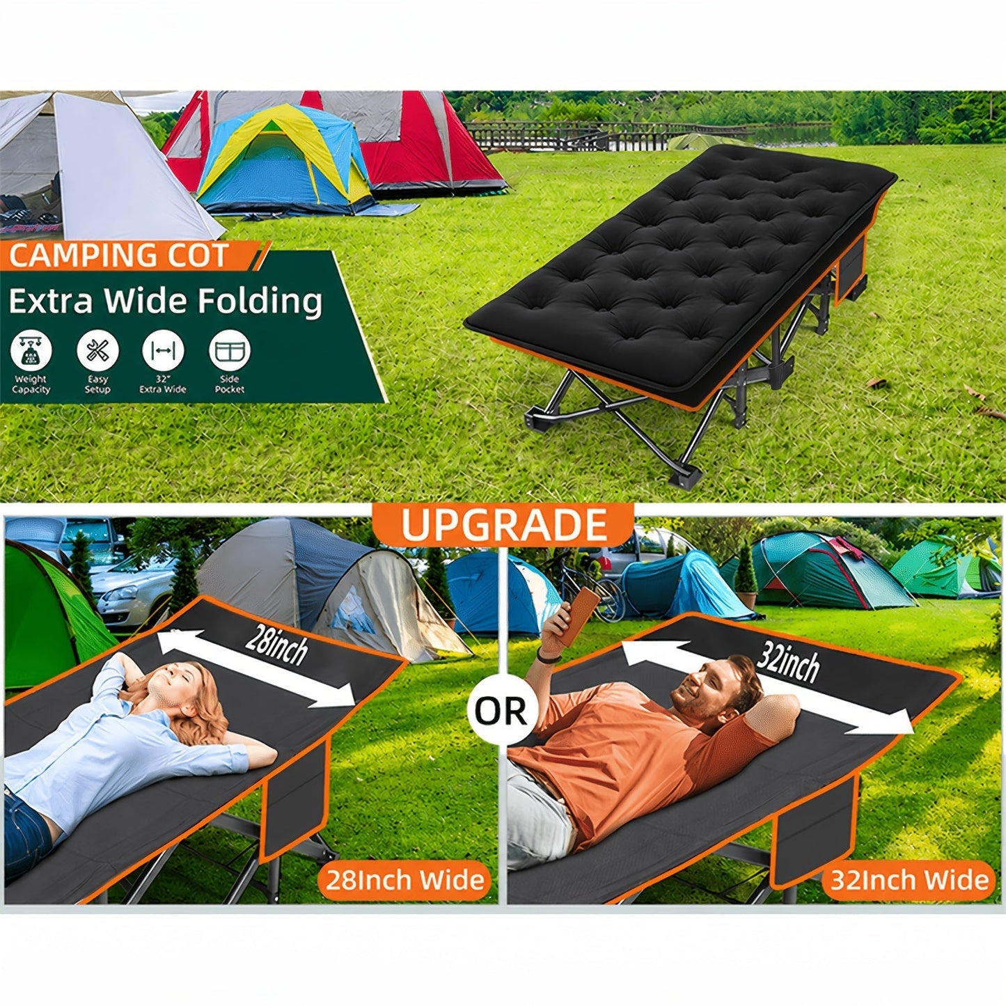 Heavy Duty Folding Bed with Optional Mattress up to 630 LBS – Portable Camping Cot with Multi-Leg Support, Side Pockets & Pillow, 59–77 Inch All Season Guest Napping Bed Space Saving