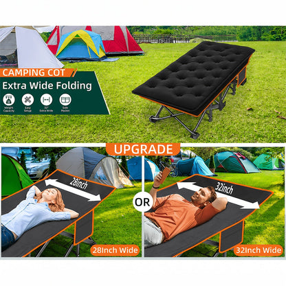 Heavy Duty Folding Bed with Optional Mattress up to 630 LBS – Portable Camping Cot with Multi-Leg Support, Side Pockets & Pillow, 59–77 Inch All Season Guest Napping Bed Space Saving