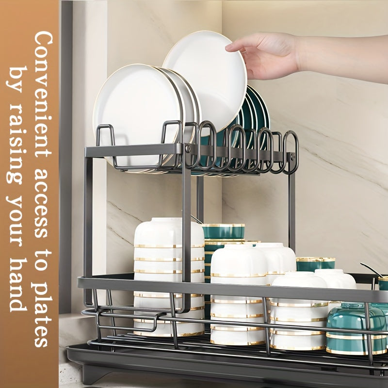 2-Tier Metal Dish Drying Rack with Cutlery Holder, Cup Holder & Rust-Proof Drip Tray – Space-Saving Countertop Dish Drainer for Kitchen Organization, Durable Steel Dish Rack for All Countertop Types
