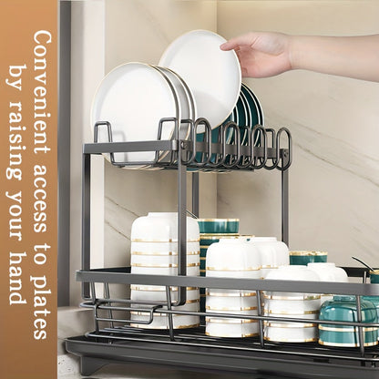 2-Tier Metal Dish Drying Rack with Cutlery Holder, Cup Holder & Rust-Proof Drip Tray – Space-Saving Countertop Dish Drainer for Kitchen Organization, Durable Steel Dish Rack for All Countertop Types