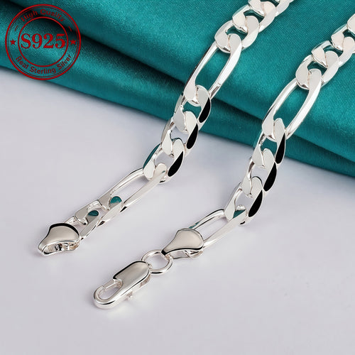 925 Sterling Silver Figaro Necklace 8mm Wide – Italian Chain Design, Minimalist Fashion Jewelry, Perfect Gift for Women & Men, 18 to 24 Inches Available
