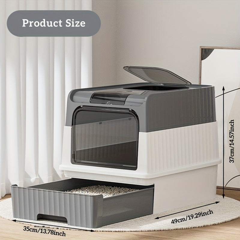 Large Covered Cat Litter Box with Pull-Out Drawer & Scoop – Fully Enclosed Cat Toilet, Front Entry Top Exit, Odor Control, Leak-Resistant Easy-Clean Tray for Multi-Cat Homes, Obsidian Black / Shell Gray / Sand Pink