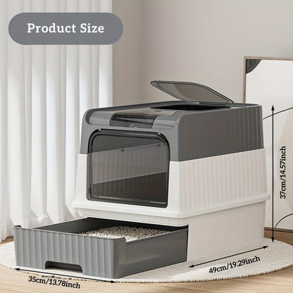 Large Covered Cat Litter Box with Pull-Out Drawer & Scoop – Fully Enclosed Cat Toilet, Front Entry Top Exit, Odor Control, Leak-Resistant Easy-Clean Tray for Multi-Cat Homes, Obsidian Black / Shell Gray / Sand Pink