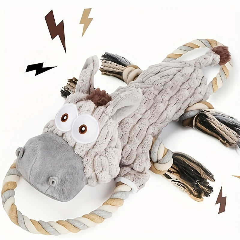 Elastic Stretch Donkey Plush Squeaky Dog Toy – Durable Tug & Chew Toy for Small, Medium & Large Dogs, Textured Spikes, No Batteries Required, Soft Gray & White Animal Design