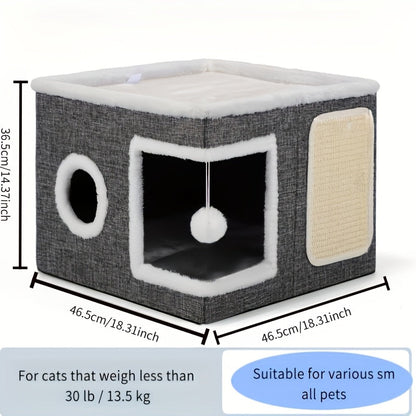 Foldable Multi-Layer Cat House with 2-Tier Bed Toy Tunnel Scratching Post Plush Hanging Ball and Cozy Mat Indoor Cat Cube Enclosure Nylon Frame Canvas All-Season Cat Furniture