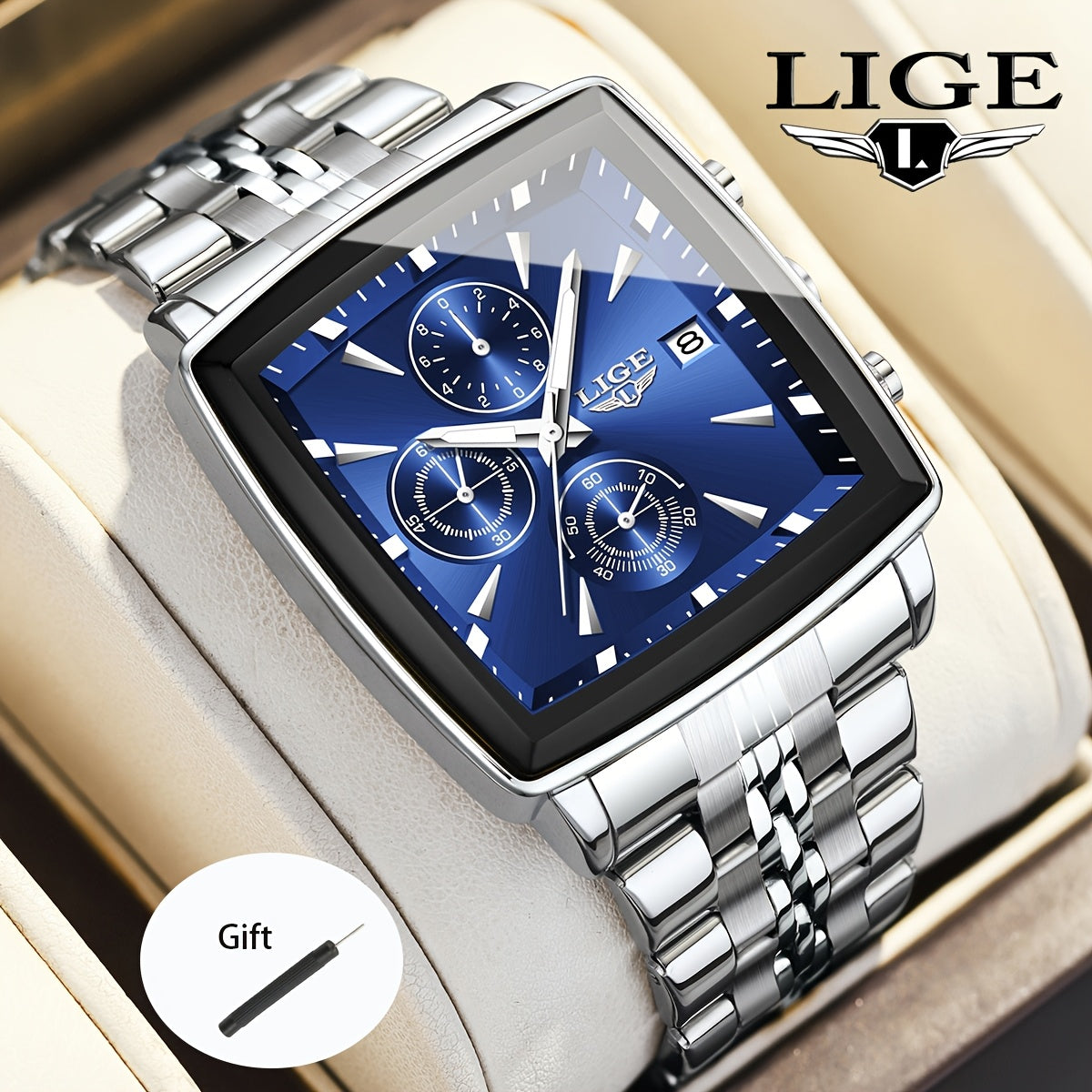 LIGE Men's Square Analog Quartz Watch – Stainless Steel Strap Calendar Display, Preppy Sport Fashion Wristwatch for Men Teens, 8 Color Options, Birthday Graduation Gift Blue Black Gold