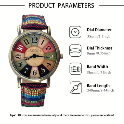 Colorful Bohemian Women’s Quartz Watch – Striped Band Analog Wristwatch with Stainless Steel Case, Shock Resistant, Fun Boho Style for Daily Wear & Gifts