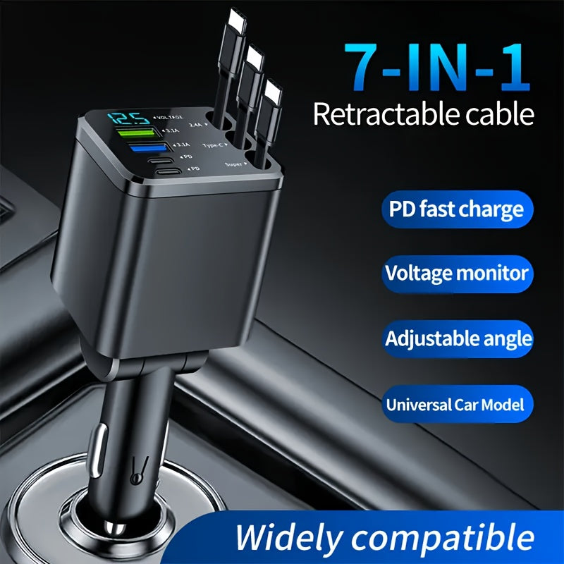 7-in-1 Car Fast Charger with 3 Retractable Cables LED Digital Display 180° Adjustable Universal Plug - Multi-Port Car Phone Charger for iPhone Android USB-C