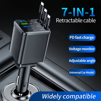 7-in-1 Car Fast Charger with 3 Retractable Cables LED Digital Display 180° Adjustable Universal Plug - Multi-Port Car Phone Charger for iPhone Android USB-C