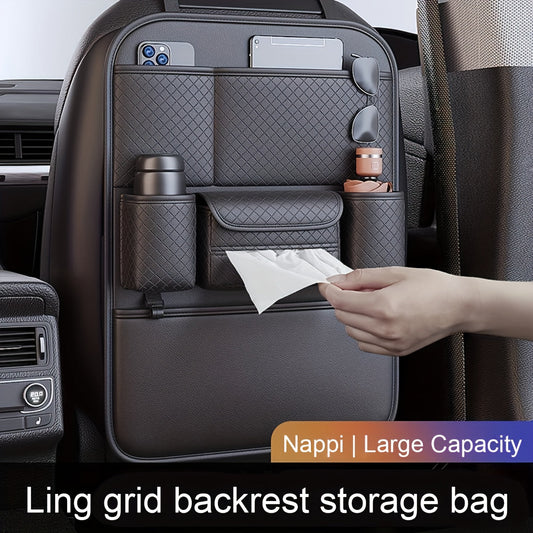 Car Seat Back Organizer PU Leather Large Capacity Multi-Pocket Backseat Storage Bag for Water Bottles Tablets Laptops – Classic Black Stylish Auto Interior Organizer for Cars SUVs Trucks