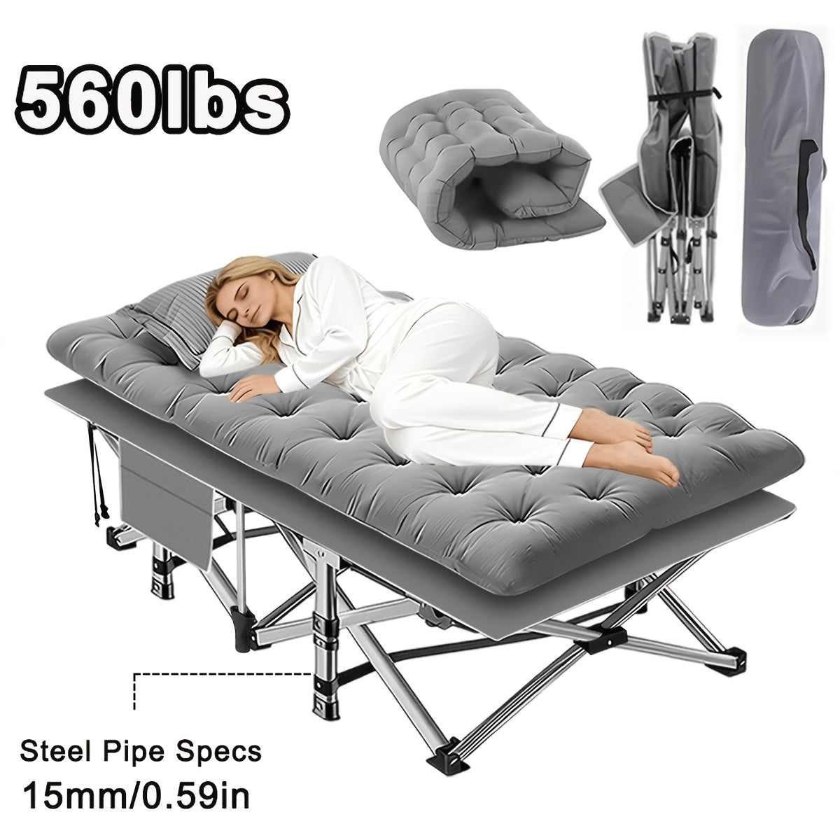 Folding Camping Bed with Mattress & Side Pockets – Heavy Duty Portable Cot for Adults, Foldable Guest Bed for Camping Outdoor Courtyard Terrace Office Guest Room