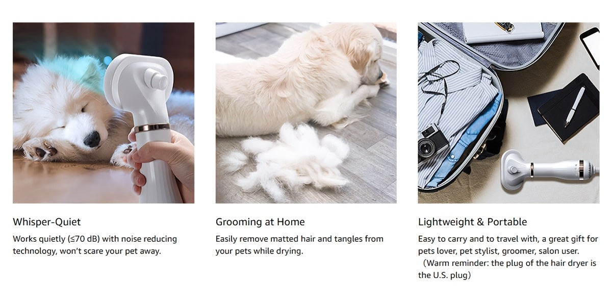 2-in-1 Pet Hair Dryer with Self-Cleaning Slicker Brush – Portable Dog & Cat Grooming Blow Dryer, 3 Temperature Settings, Low Noise, Stainless Steel Bristles, Home & Travel Grooming Tool