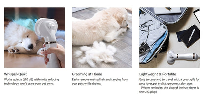 2-in-1 Pet Hair Dryer with Self-Cleaning Slicker Brush – Portable Dog & Cat Grooming Blow Dryer, 3 Temperature Settings, Low Noise, Stainless Steel Bristles, Home & Travel Grooming Tool