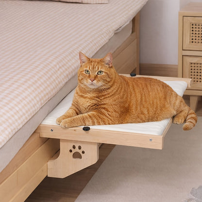 Premium Wooden Cat Perch & Hammock – Heavy-Duty 40 lbs Load Bearing, Multi-Location Mount for Window, Wall & Cabinet, Extra-Wide Platform with Plush Pad, Safe for Large Cats