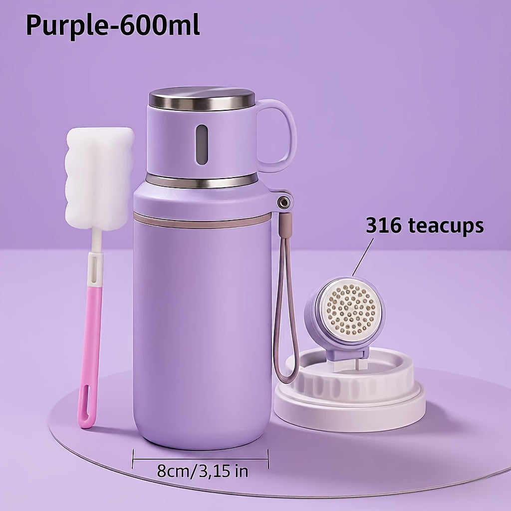 600ml Stainless Steel Tumbler Double Wall Vacuum Insulated Leak-Proof Lid with Handle Cleaning Brush Included Hot Cold Drinks Travel Office Gym Outdoor Water Bottle 20oz
