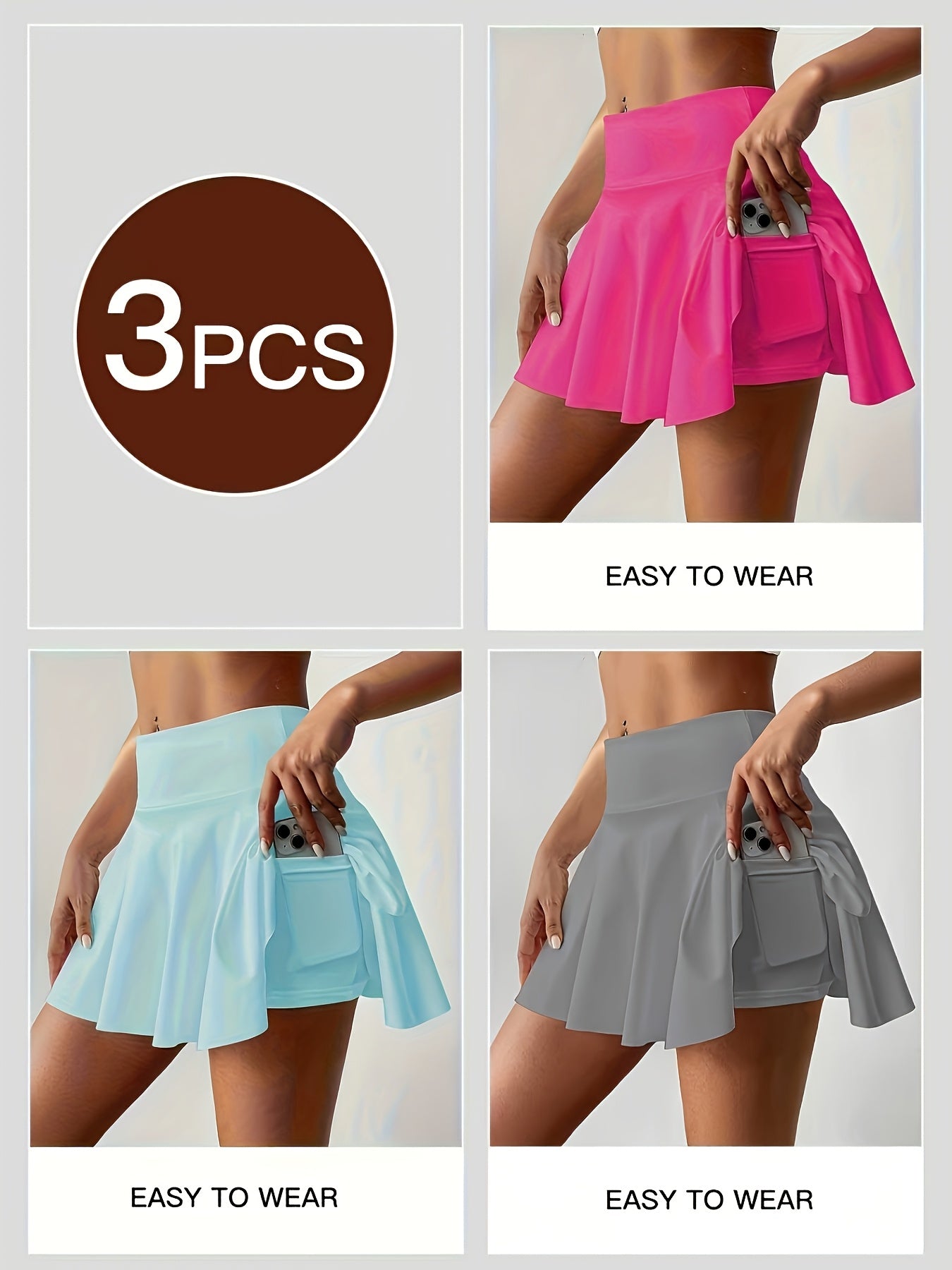 Women's Athletic Pleated Tennis Skort 3-Pack High Waist with Pockets Stretchy Polyester Yoga Skirt Machine Washable Side Tie Detail Comfort Fit for Tennis Yoga Gym Dance Sizes S-XXL