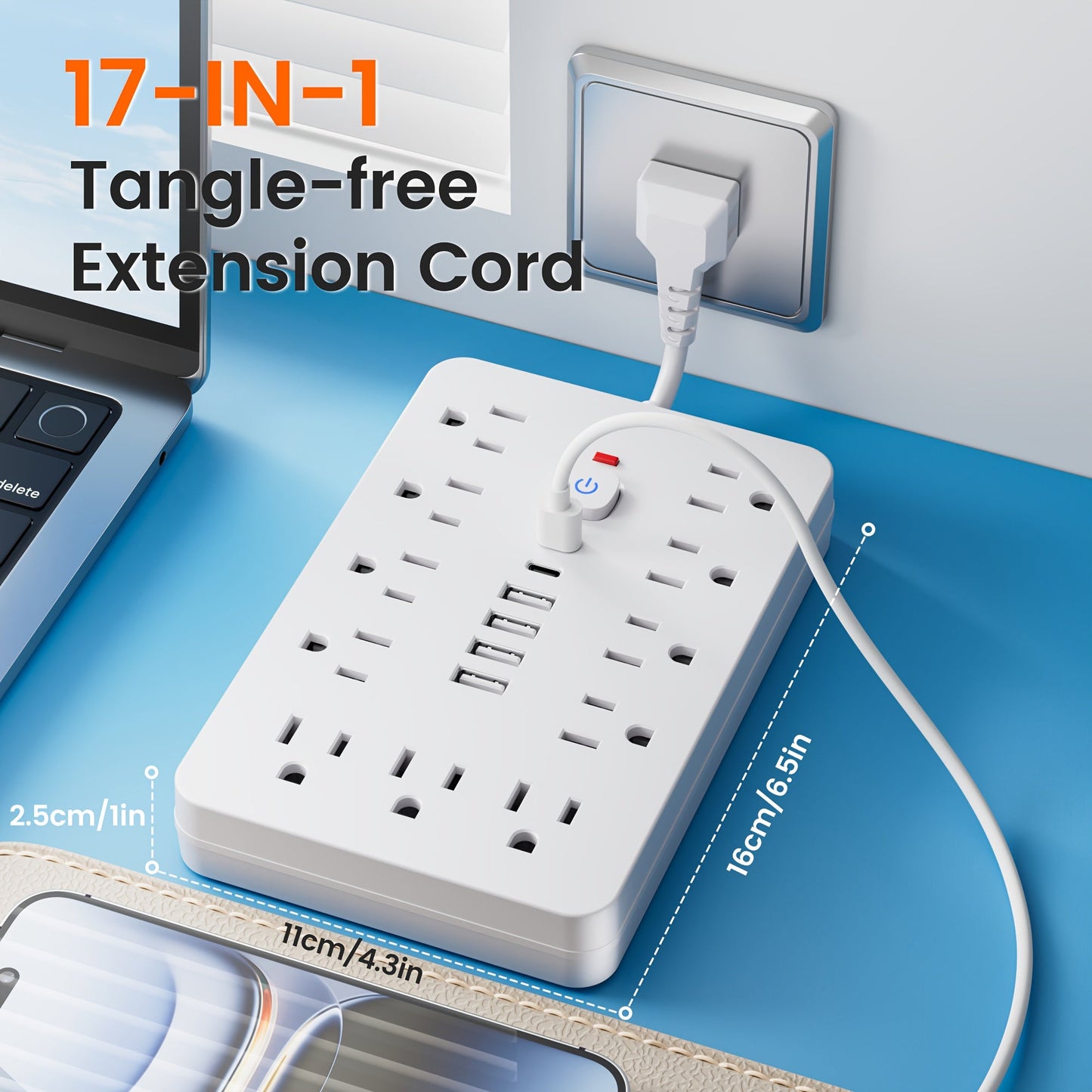 Surge Protector Power Strip 11 AC Outlets | 4 USB-A & 2 USB-C Ports, Overload Protection, Short/5FT/10FT Extension Cord – Multi-Outlet Power Socket for Home, Office, Desk & School – White & Black