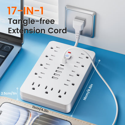 Surge Protector Power Strip 11 AC Outlets | 4 USB-A & 2 USB-C Ports, Overload Protection, Short/5FT/10FT Extension Cord – Multi-Outlet Power Socket for Home, Office, Desk & School – White & Black