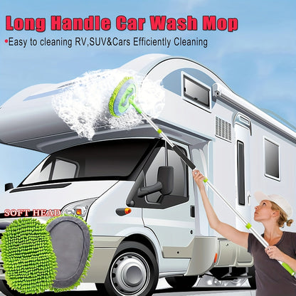 69 Inch Car Wash Brush with Long Handle 8-Piece Car Wash Kit – Tire Brush Window Squeegee Chenille Microfiber Mitt Detailing Brushes for Car Truck SUV RV – Extendable Car Cleaning Supplies