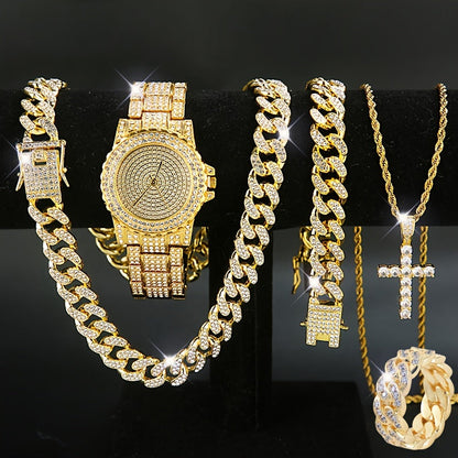 5-Piece Luxury Watch & Jewelry Set for Men & Women – Quartz Wristwatch, Cuban Link Necklace, Bracelet, Ring & Cross Pendant, Perfect Christmas Gift in Gold & Silver