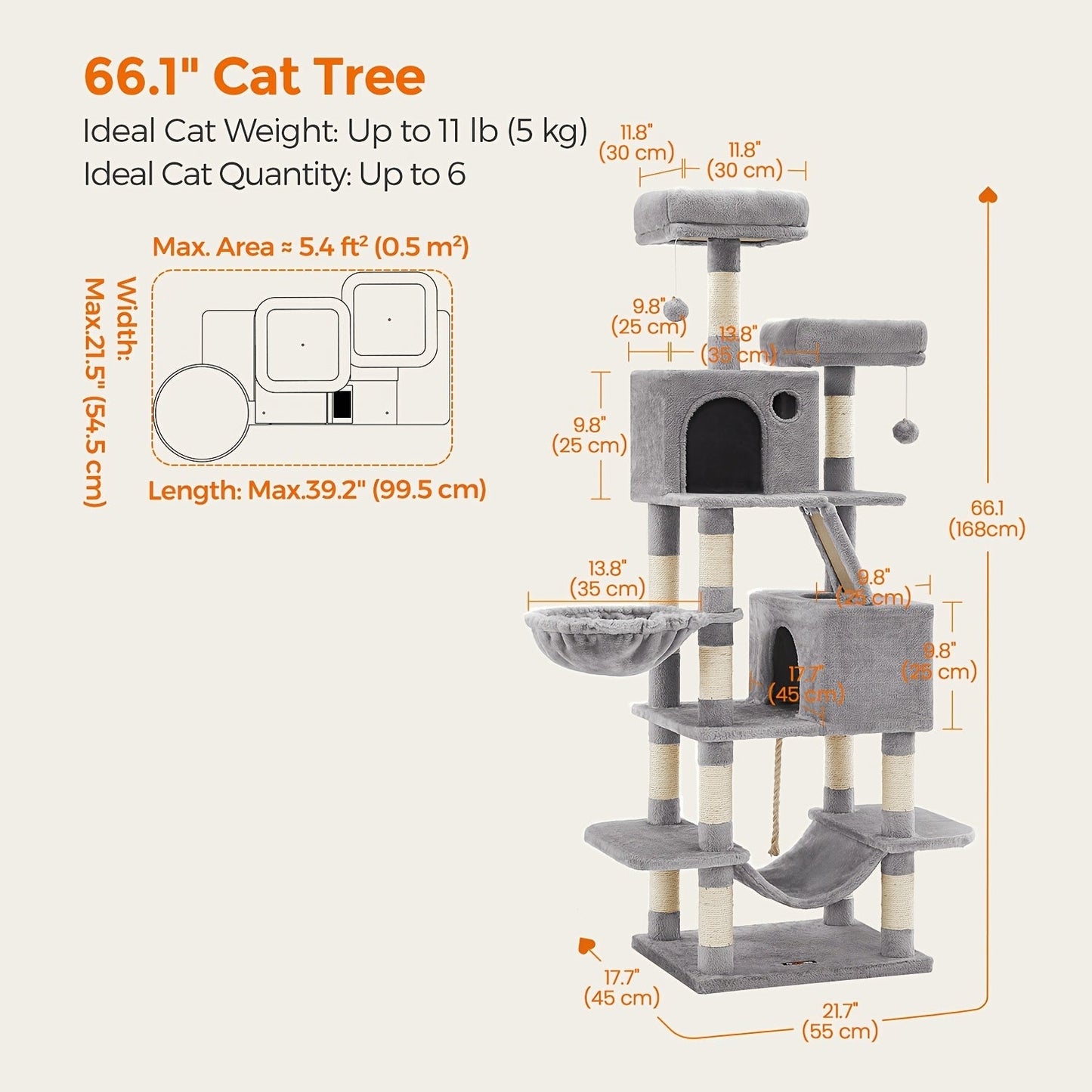 Multi-Level Cat Tree Tower 44-66 Inch with Hammock Sisal Scratching Posts Cozy Cave Perches Anti-Tilt Stable Cat Condo for Multi-Cat Families Kittens & Cats Gift