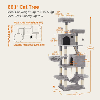 Multi-Level Cat Tree Tower 44-66 Inch with Hammock Sisal Scratching Posts Cozy Cave Perches Anti-Tilt Stable Cat Condo for Multi-Cat Families Kittens & Cats Gift