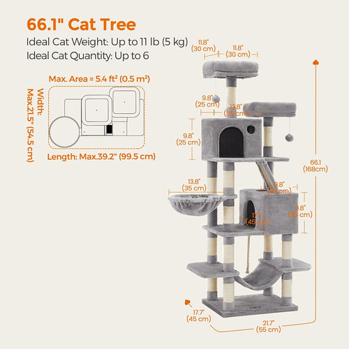 Multi-Level Cat Tree Tower 44-66 Inch with Hammock Sisal Scratching Posts Cozy Cave Perches Anti-Tilt Stable Cat Condo for Multi-Cat Families Kittens & Cats Gift
