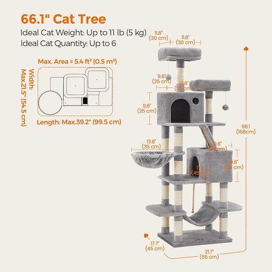 Multi-Level Cat Tree Tower 44-66 Inch with Hammock Sisal Scratching Posts Cozy Cave Perches Anti-Tilt Stable Cat Condo for Multi-Cat Families Kittens & Cats Gift