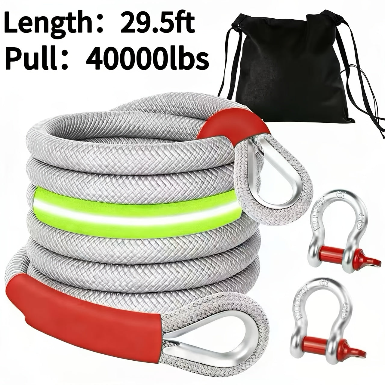 Heavy Duty Recovery Tow Rope Up to 44000 LBS Break Strength – Emergency Towing Strap with 2 D-Ring Shackles, Reflective Safety Flag & Storage Bag for Truck Jeep SUV ATV UTV Boat Off-Road Recovery