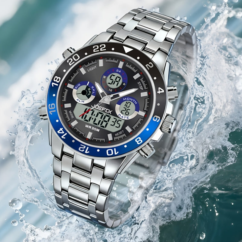 Men's Vintage Business Chronograph Watch with Steel Band – Dual Movement Waterproof Wristwatch with Band Adjustment Tool Father's Day Birthday Gift for Men