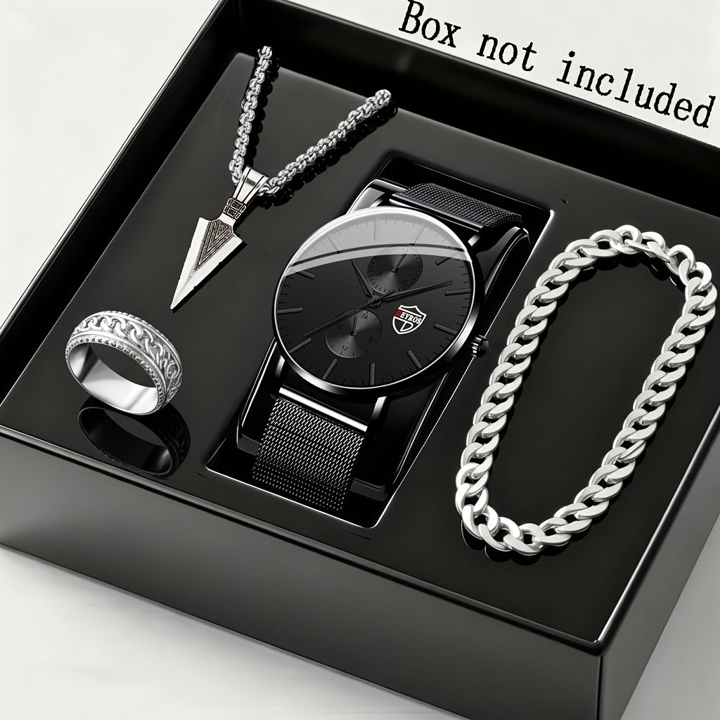 4-Piece Men's Quartz Watch and Bracelet Gift Set - Elegant Alloy Case Round Dial Sports Casual & Business Wristwatches with Matching Bracelet for Everyday Wear, Birthdays & Anniversaries