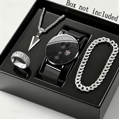 4-Piece Men's Quartz Watch and Bracelet Gift Set - Elegant Alloy Case Round Dial Sports Casual & Business Wristwatches with Matching Bracelet for Everyday Wear, Birthdays & Anniversaries