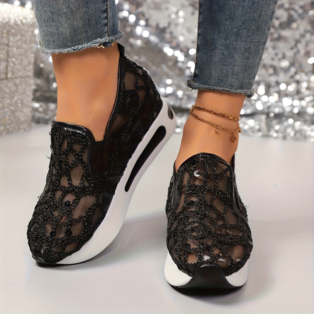 Women's Glitter Sneakers Thick Heel Height-Increasing – Breathable Net Perforated Shock-Absorbing PU Sole All-Season Casual Sporty Shoes, 3 Colors, US Sizes 6–11.5