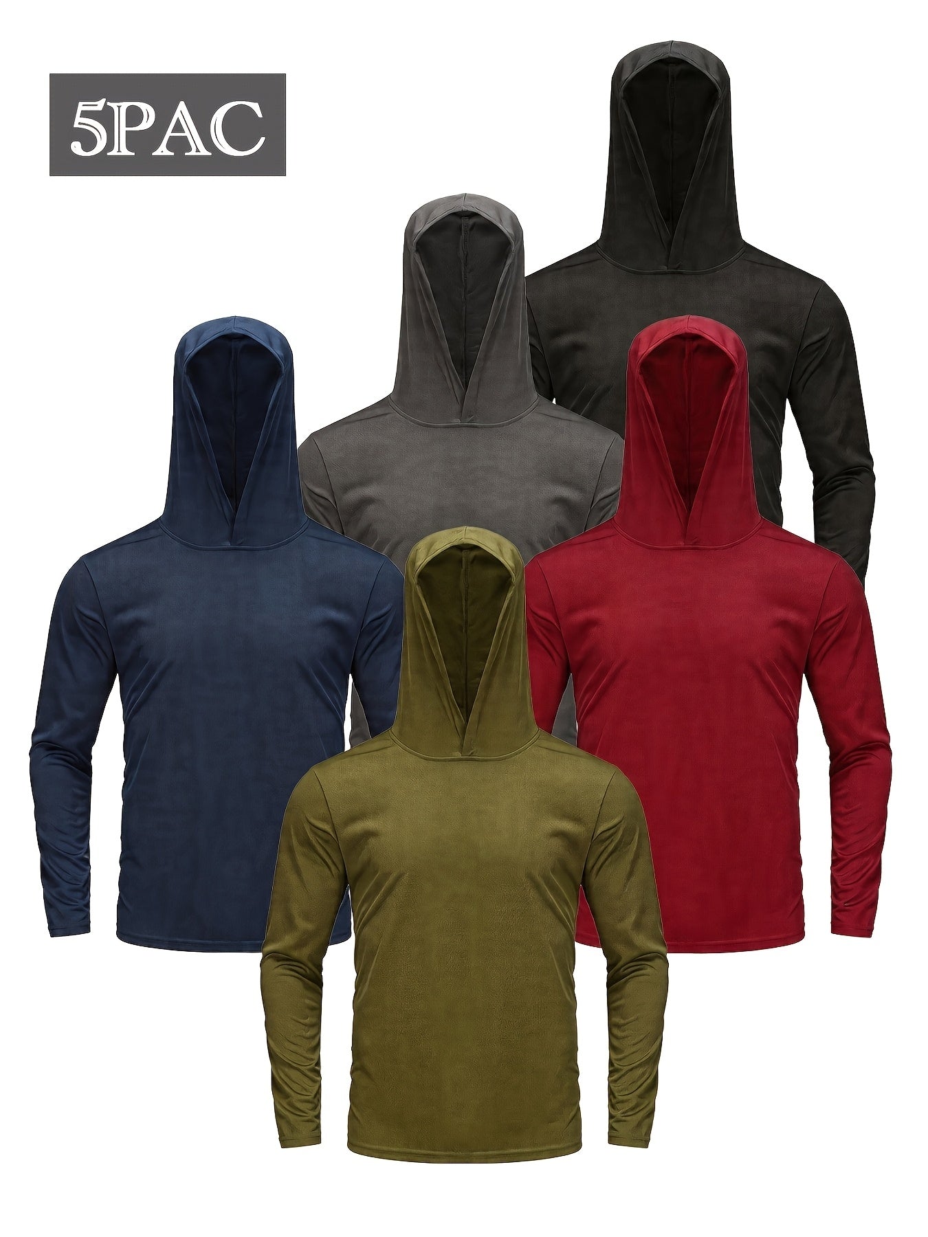 Men's Quick-Dry Hoodie 5-Pack Windproof Moisture-Wicking – Breathable Ice-Fabric Long Sleeve Athletic Sweatshirt for Sports Fitness Outdoor Hiking, S M L XL XXL XXXL