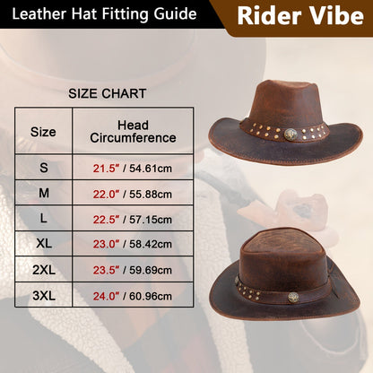 Genuine Leather Cowboy Hat for Men and Women Western Australian Wide Brim Shapeable UV Protection Vintage Brown Hat with Chin Cord Sizes S to 3XL