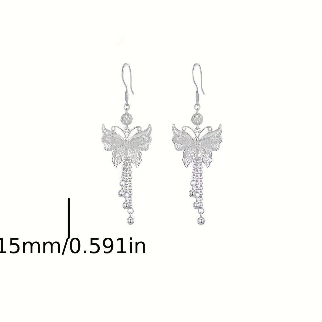 S925 Sterling Silver Butterfly Earrings with Long Tassels – Elegant Vintage Drop Earrings for Women, Nature-Inspired Graceful Movement, Perfect Gift for Weddings, Everyday Wear & Friends