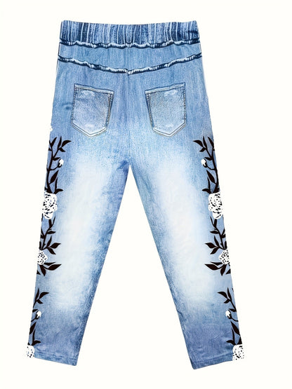 Women's Floral Print Denim-Look High-Waisted Capri Leggings – Stretch Polyester Elastic Waist, Imitation Denim Blue Jeans Style, Four-Season Casual Tights, Bright Steel Blue, Sizes S-XXL