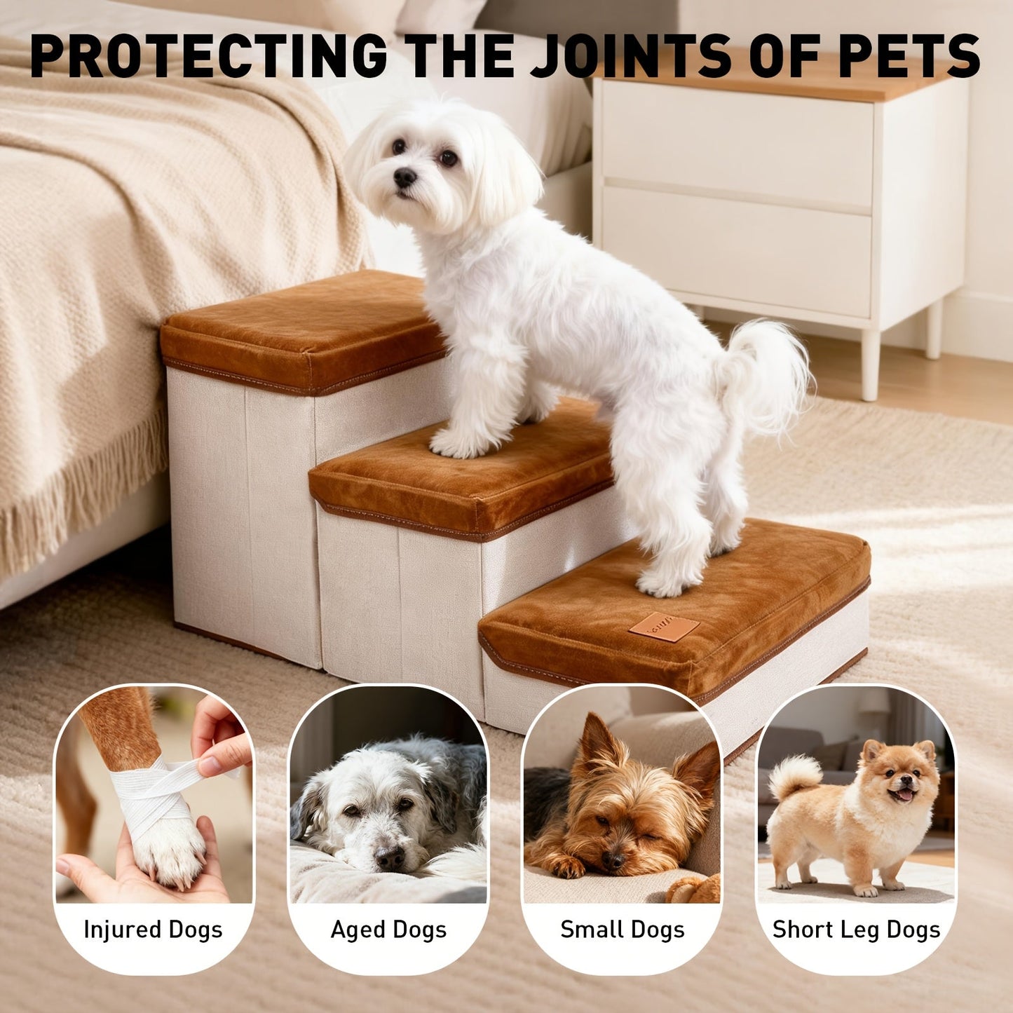 3-Tier Foldable Dog Stairs for Small Dogs – Non-Slip Nylon Pet Ramp for High Beds & Sofas, Compact Foldable Design, Brown & White, Includes Bonus Chicken Leg Plush Toy
