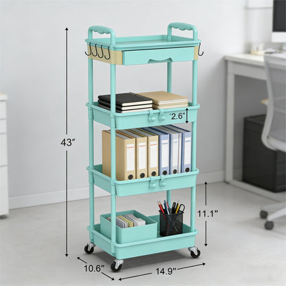 Rolling Storage Cart 3-Tier & 4-Tier with Drawer & Lockable Wheels Multifunctional Plastic Shelf Organizer for Kitchen Bathroom Living Room Office – 7 Colors