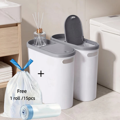 Small Bathroom Trash Can with Built-In Handles 2/1 Pack – Rustproof Plastic Wastebasket, Space-Saving Design for Bathroom, Laundry Room & Home Office, Includes Trash Bags