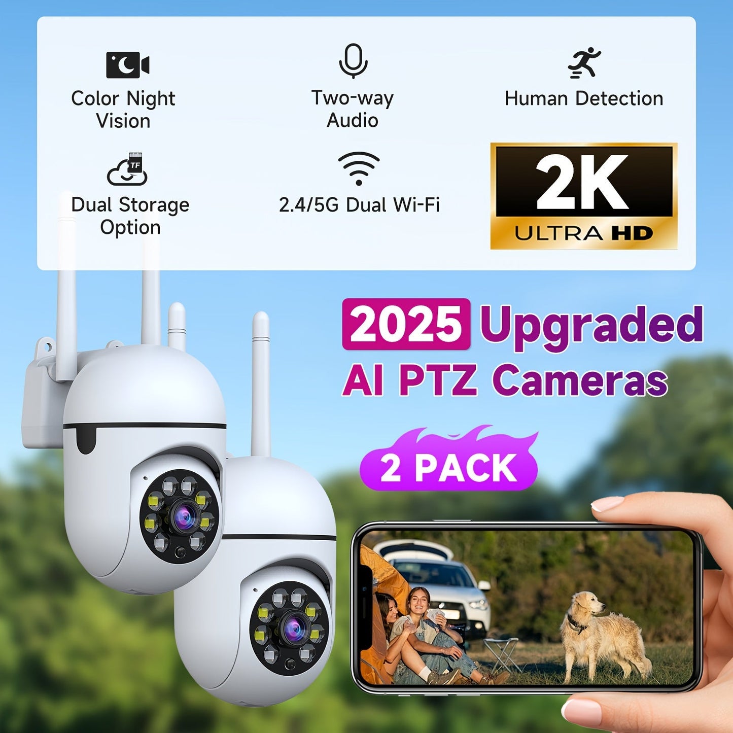 2-Pack WiFi Security Camera 2K QHD PTZ 355° Pan – Dual-Band 2.4G/5G AI Motion Detection, Color Night Vision, Two-Way Audio, Cloud & SD Storage, Baby Monitor, Indoor Home Surveillance Camera