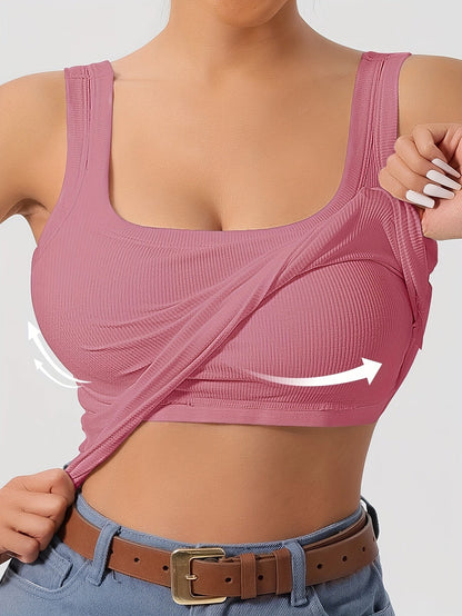 Women's Scoop Neck Tank Top Removable Chest Padding Slim Fit Casual Summer Sleeveless Top 8 Colors XS-XL Built-In Bra
