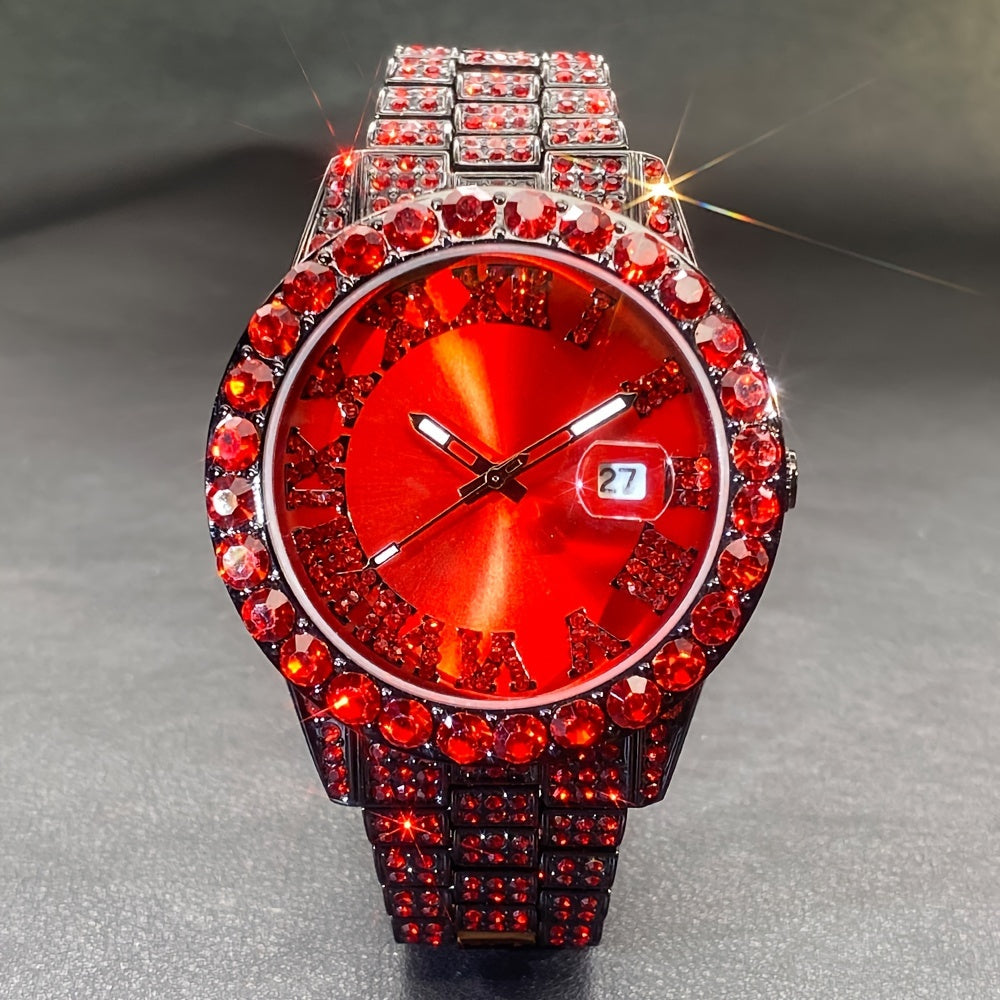 Rhinestone Couples Watch Set Luxury Quartz Movement Calendar Luminous Display for Men Women Red and Ice Blue Rhinestone Party Fashion Gift Watch