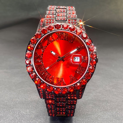 Rhinestone Couples Watch Set Luxury Quartz Movement Calendar Luminous Display for Men Women Red and Ice Blue Rhinestone Party Fashion Gift Watch