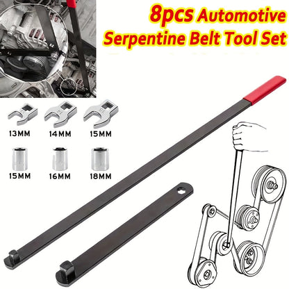 Serpentine Belt Tool Set 8/16 Piece - Universal 3/8 and 1/2 Drive Belt Tensioner Wrench, Idler Pulley Adjuster, Chrome Vanadium Steel, Professional Automotive Belt Removal and Installation Kit for Car Engine Repair