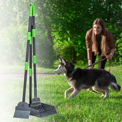 Stainless Steel Dog Pooper Scooper Set with Adjustable Long Handle – Rust-Proof Tray & Rake Pet Waste Removal Tool, No Bending, Easy to Clean, Ideal for All Dog Breeds, Outdoor Yard & Grass Use