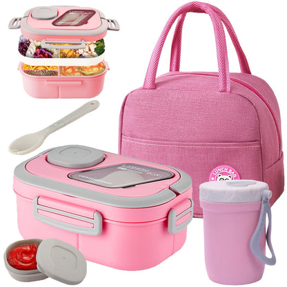 2-Layer Bento Lunch Box Set with Cup & Insulated Lunch Bag – Multi-Grid Leakproof Food Container for School, Office & Picnic, Choose Salad, Coffee, Milk or Soup Cup, Pink Green Blue White
