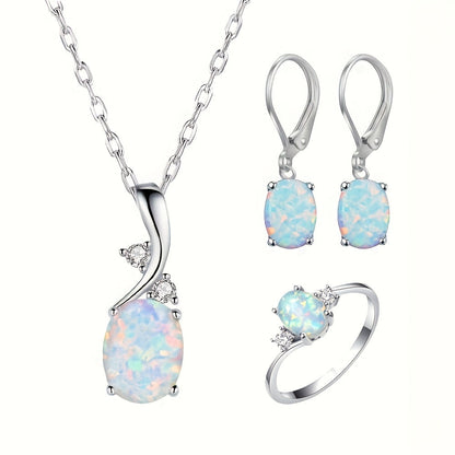 4pcs 925 Sterling Silver Water Drop Opal Jewelry Set for Women – Pendant Necklace, Earrings & Ring, Elegant Boho Party Jewelry Gift Set